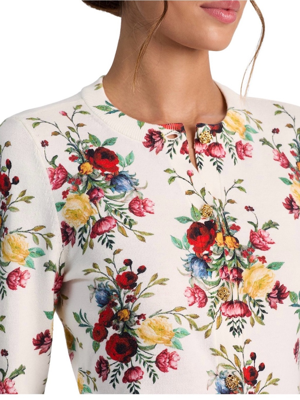 Alice + Olivia Ivory Floral Crewneck Cardigan with Red, Yellow & Blue Blooms
